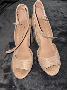 Sun + Stone Glitter Open-Toe Heels in Champagne Gold